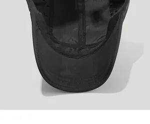 Detail view of reinforced stitching and moisture-wicking band on black baseball cap