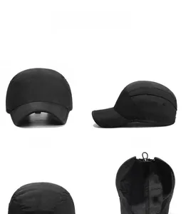Multi-angle views of black quick-dry five-panel baseball cap showing stitching details