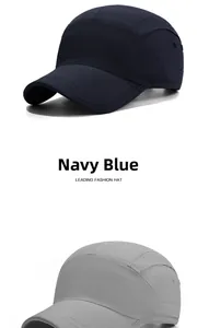 Vertical view of navy and grey quick-dry five-panel baseball caps with short brims
