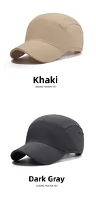 Detail view of khaki and dark grey quick-dry baseball caps with breathable metal eyelets