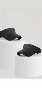 Detail view of black camouflage sun visor hat with wide brim and breathable mesh texture