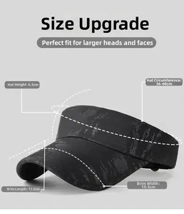 Detail of black camo sun visor showing breathable fabric texture and size dimensions