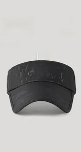 Detail of black sun visor hat showing breathable mesh fabric and dark camouflage pattern