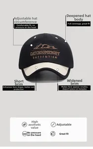 Detail of adjustable cotton baseball cap with embroidered letters and contrast short brim