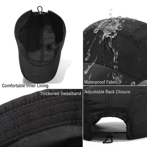 Waterproof black baseball cap with short brim featuring adjustable drawstring and sweatband