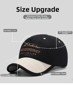 Detailed dimensions of the black and beige baseball cap with embroidery showing size specs