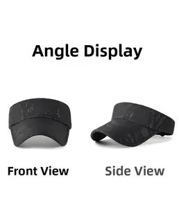 Close-up of black breathable mesh sun visor with subtle camo pattern and side view details