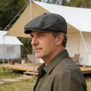 Classic dark gray textured newsboy cap for men featuring a vertical wave pattern