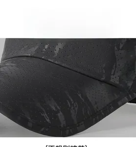 Macro detail of breathable mesh fabric and camouflage pattern on a dark grey sun hat
