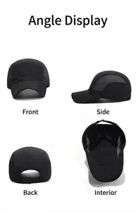 Details einer schwarzen schnelltrocknenden Mesh-Baseballkappe: Vorne Seite Hinten und Innen