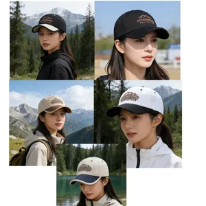 Short brim baseball cap with mountain embroidery and color-block design for outdoors