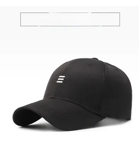 Detail shot of black cotton baseball cap showing classic 6-panel stitching and white stripes