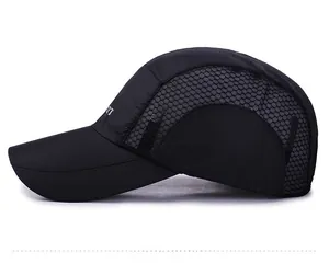 Detail of breathable honeycomb mesh on black quick-dry outdoor sports baseball cap
