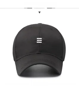 Front view of black cotton baseball cap with white three-stripe embroidery detail