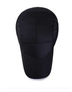 Top down view of black sport cap showing lightweight quick-dry fabric and mesh structure