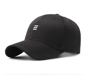 Side view detail of black cotton baseball cap with three white embroidered stripes