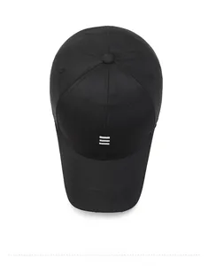 Detailed top view of a black cotton baseball cap showing white triple stripe embroidery