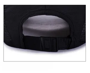 Detail of adjustable snapback closure on black quick-dry mesh baseball cap for custom fit