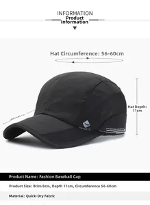 Vue détaillée des dimensions de la casquette sport noire à séchage rapide et bord de 8cm