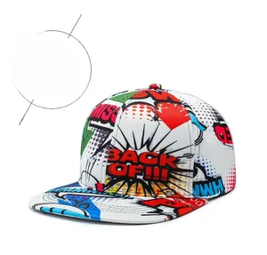 Detail of the American comic graffiti pattern and bold typography on a snapback cap