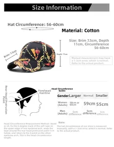 Size guide for cotton baseball cap showing 56-60cm circumference and measurement instructions