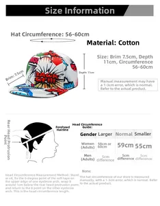 Size chart showing dimensions for a street-style graffiti cotton flat brim hip-hop cap