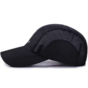 Quick-dry black baseball cap with honeycomb mesh panels and side sports lettering
