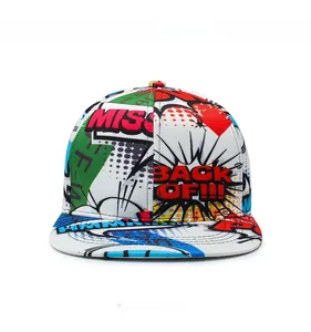 Detailed front view of white hip-hop flat brim cap with colorful comic graffiti pattern