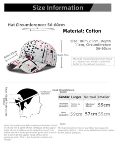 Size chart for poker print cotton baseball cap showing 56-60cm circumference and brim dimensions