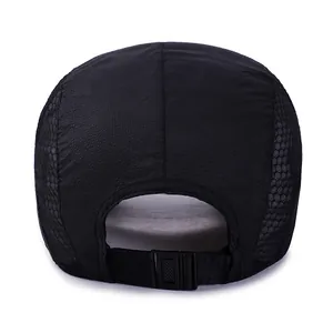 Rear view of black breathable mesh baseball cap with adjustable buckle and quick-dry fabric