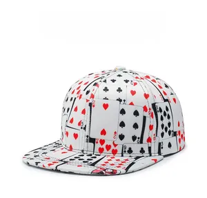 Close-up of hip hop flat-brim hat featuring full-print poker card pattern in white