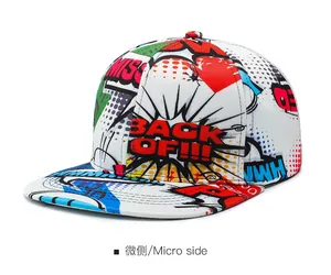 Side view of snapback hat featuring colorful pop art comic prints and bold lettering