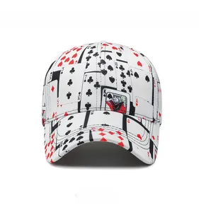 Front view of white baseball cap with full playing card print and curved brim details