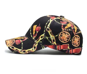 Side view of black baseball cap with golden chain and red tassel baroque pattern