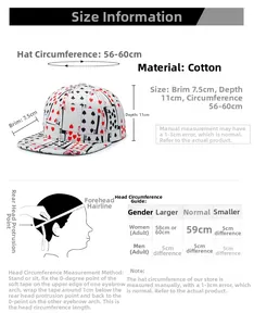 Size chart showing dimensions and head measurement guide for Poker hip-hop cap
