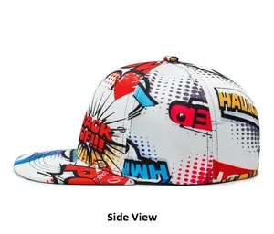 Side view of pop art print snapback hat featuring comic style graphics and bold text