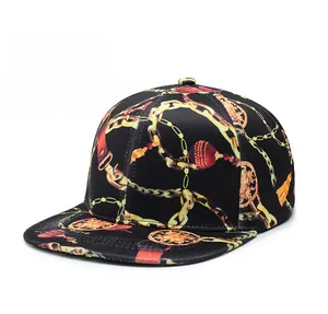 Detail view of Baroque gold chain print on black flat brim hip hop snapback hat
