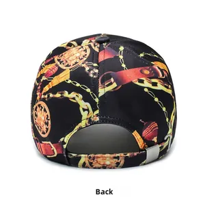 Rear view of baroque baseball cap with gold chain print and metal adjustable buckle