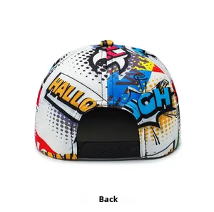 Adjustable black snapback closure on back of pop art comic style baseball hat