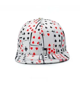 Front view of white hip hop snapback cap with poker cards print and flat brim style