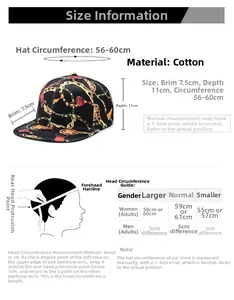 Size chart for flat brim hip hop cap with measurements for brim, depth and head circumference