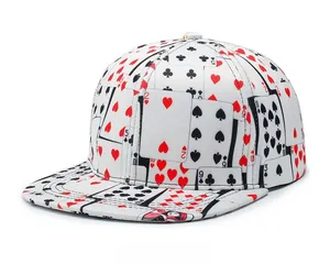 Micro side view of snapback hat featuring all-over poker card patterns and flat brim