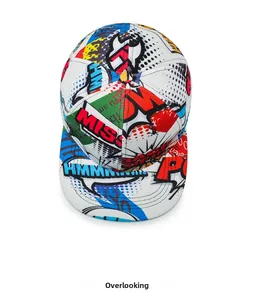 Overlooking view of colorful pop art cartoon print baseball cap with comic patterns