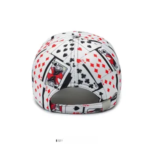 Rear view of a baseball cap with poker card prints and adjustable metal back buckle
