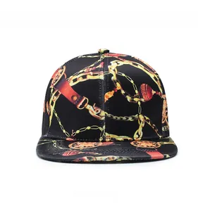 Detailed front view of flat brim hip-hop hat with baroque gold chain and bead print