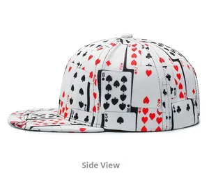 Side view of a white snapback hat with all-over poker card print and flat brim style