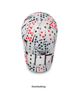 Top view of white baseball cap featuring all-over creative poker card patterns and prints