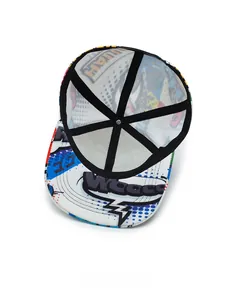 Internal view of a hip-hop cap with colorful American comic graffiti pattern lining