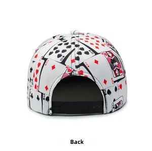 Detail view of the poker print snapback hat featuring a black plastic adjustable strap