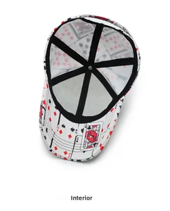 Detail view of the baseball cap's internal black reinforcement stitching and poker print